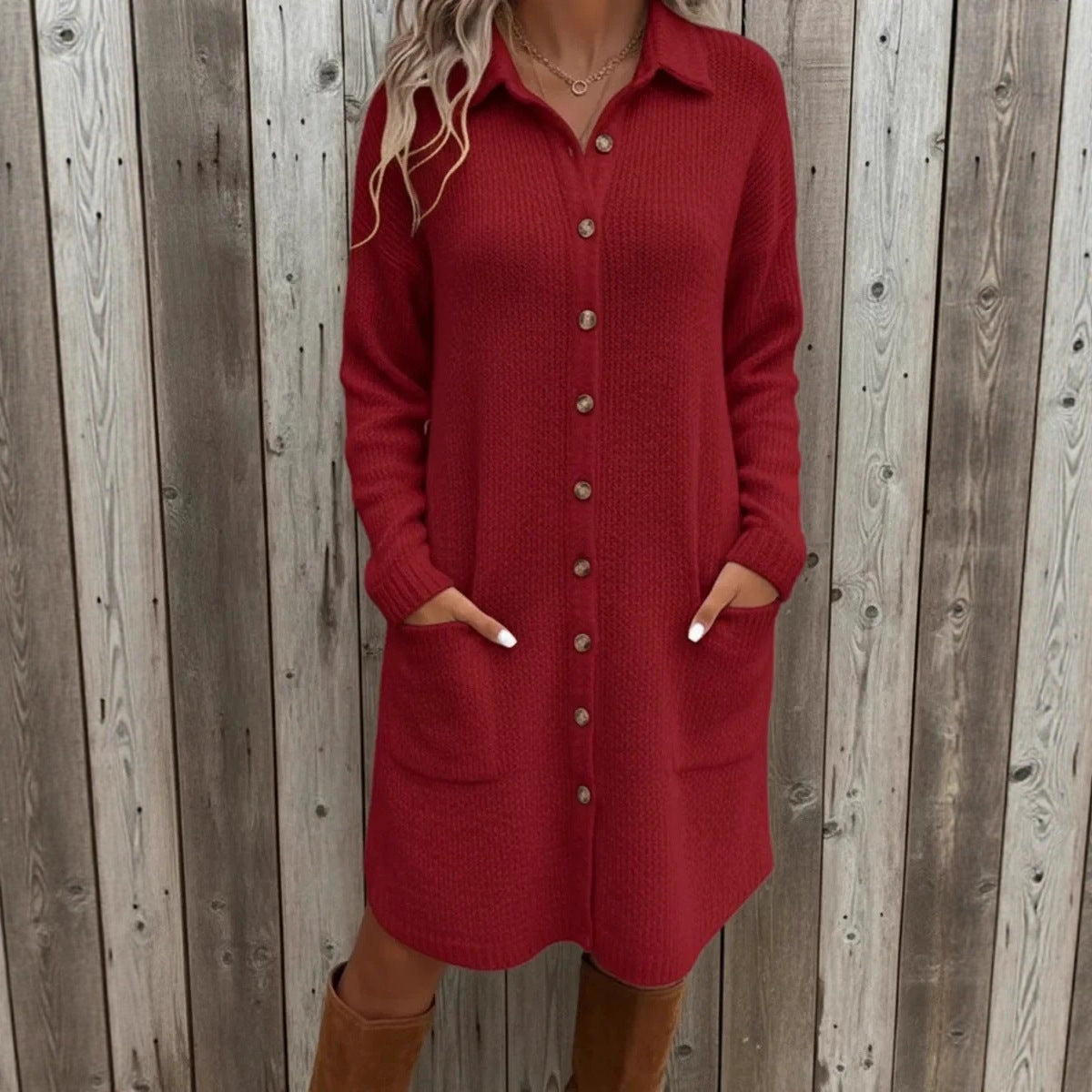 Knitted Button Down Solid Color Long Sleeve Pocket Cardigan Sweater Dress