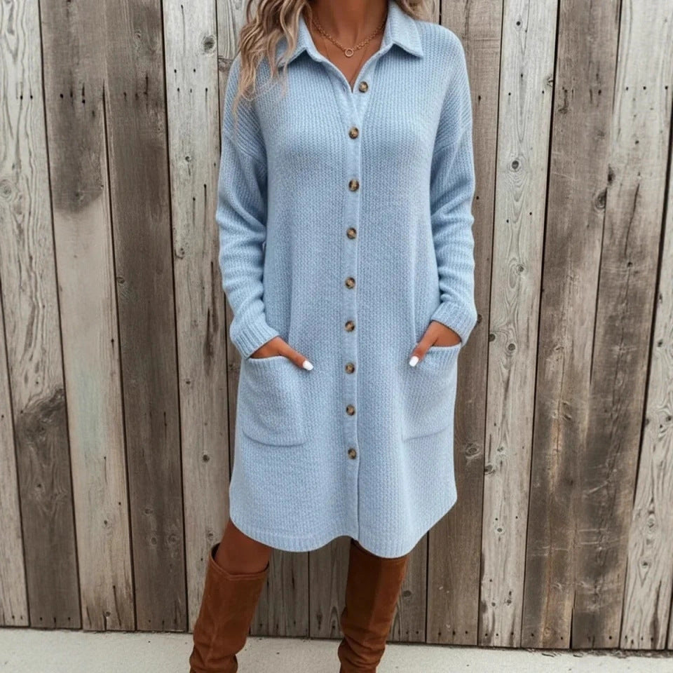 Knitted Button Down Solid Color Long Sleeve Pocket Cardigan Sweater Dress